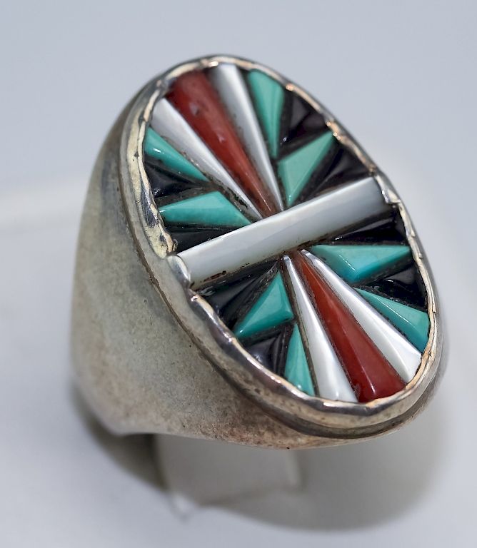 Appraisal: Native American Indian Silver Zuni Inlay Mens Ring Guaranteed Authentic