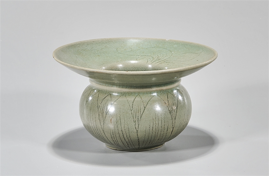 Appraisal: Korean celadon glazed table vessel with incised designs x approx