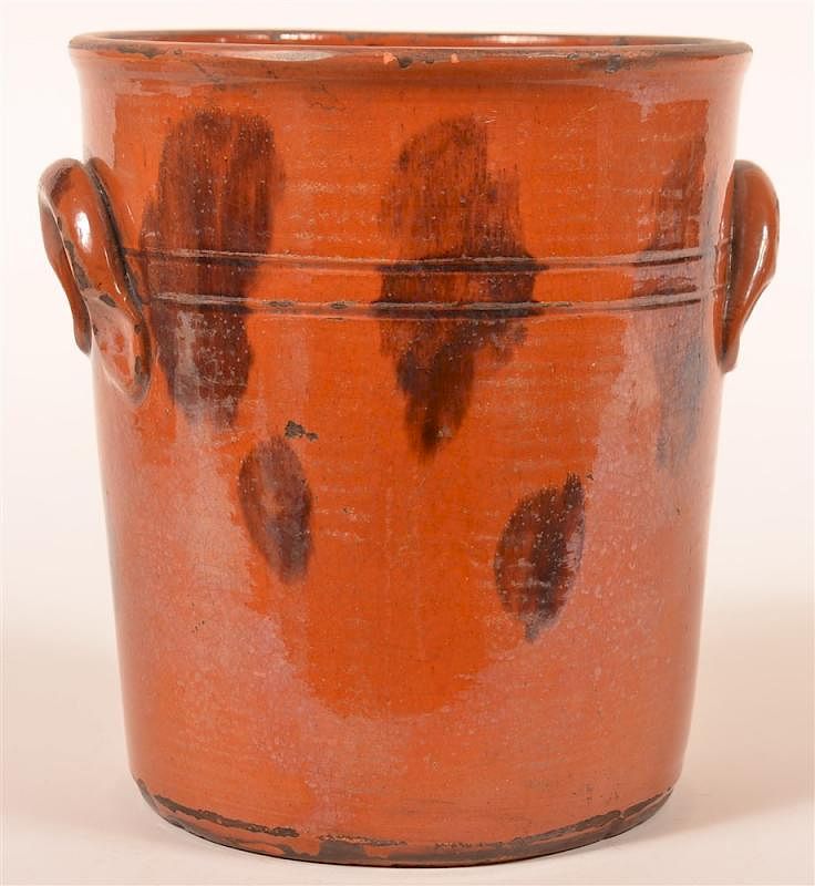 Appraisal: Shooner Redware Storage Canister Shooner Redware Pottery Mottle Glazed Storage