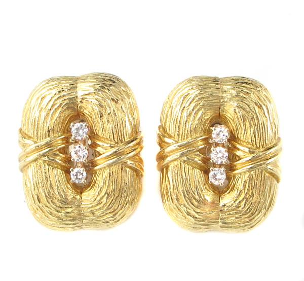 Appraisal: A pair of diamond and k gold rectangular ear clips