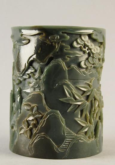 Appraisal: Late Qing Chinese Spinach Jade Brush Pot Carved depicting scholars