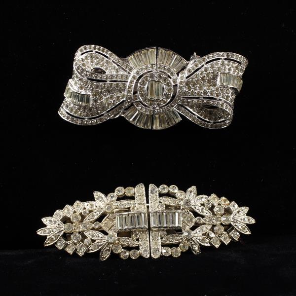 Appraisal: Two Unmarked Art Deco Colorless Crystal Diamante Duette Brooch Clips