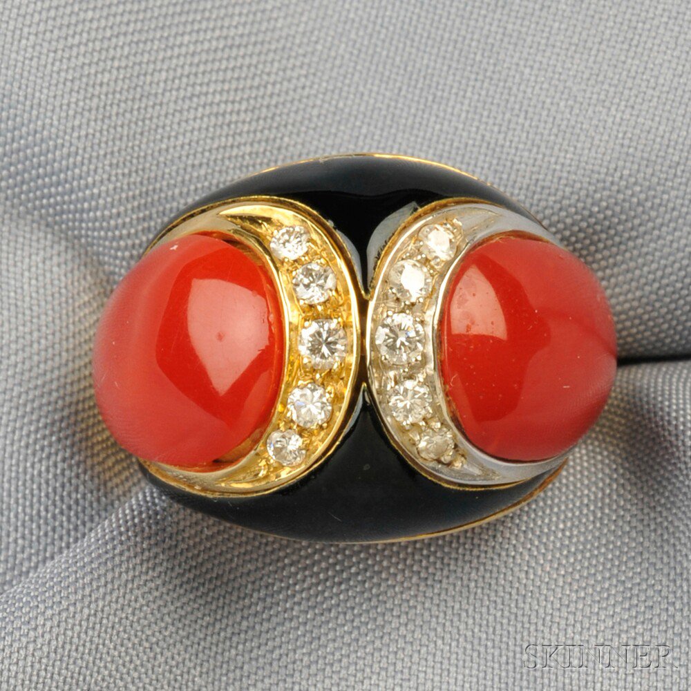 Appraisal: kt Bicolor Gold Coral and Black Enamel Dome Ring with