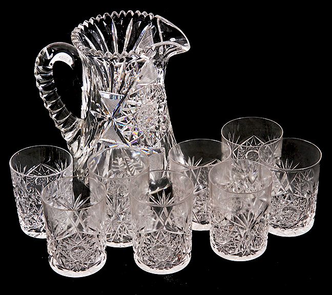 Appraisal: Cut Glass Pitcher and Tumblers An American Brilliant period set