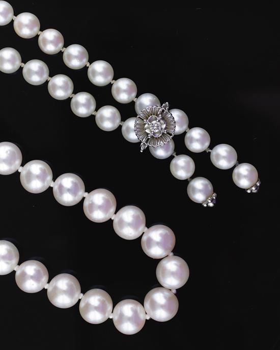 Appraisal: Pearl necklaces with gold clasps - mm pearl with diamond-set