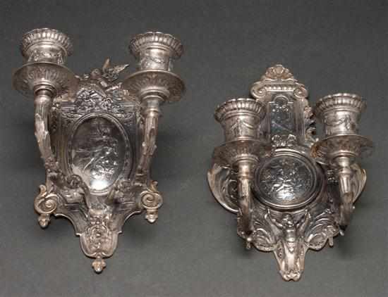 Appraisal: Two similar Liegnitz Prussia Louis XVI style silver two-light sconces