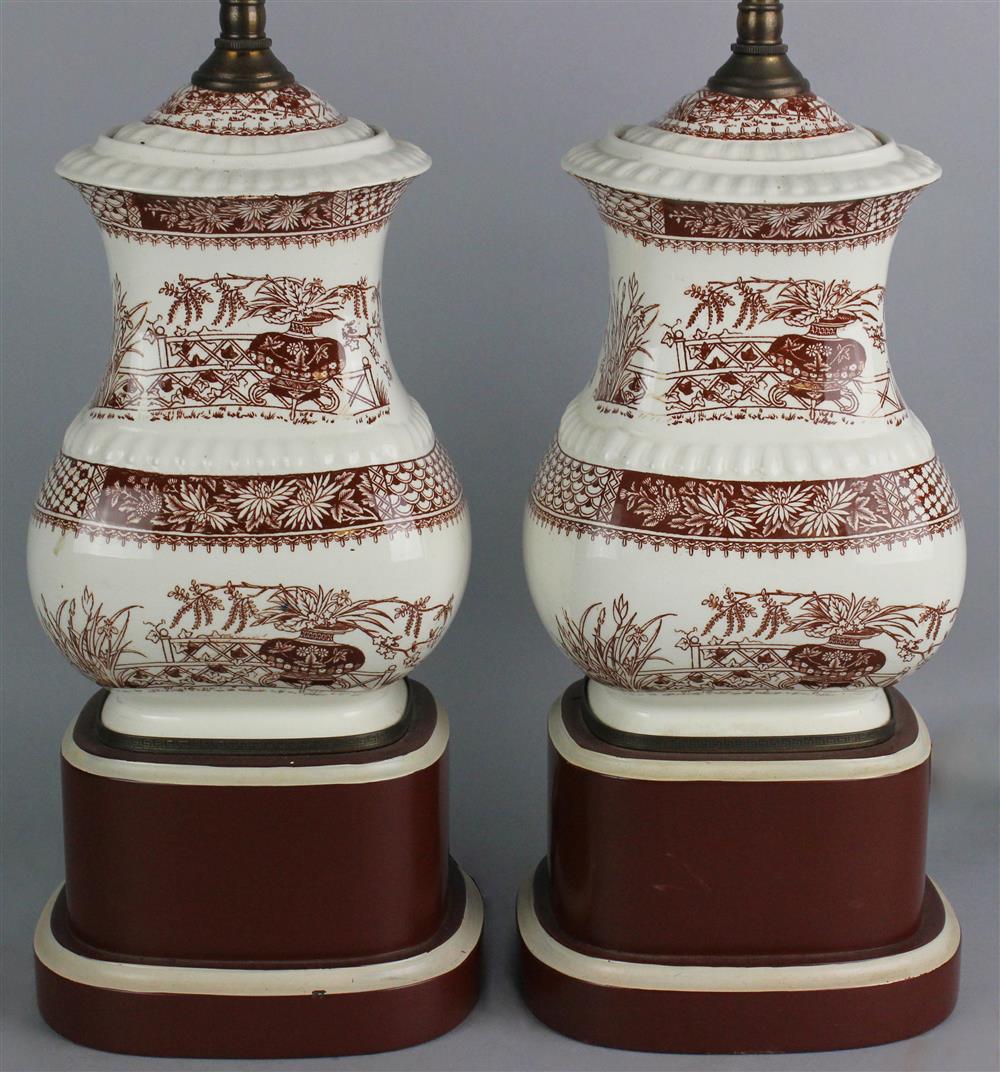 Appraisal: PAIR OF AESTHETIC MOVEMENT SEPIA TONED TRANSFER-PRINTED VASIFORM TABLE LAMPS