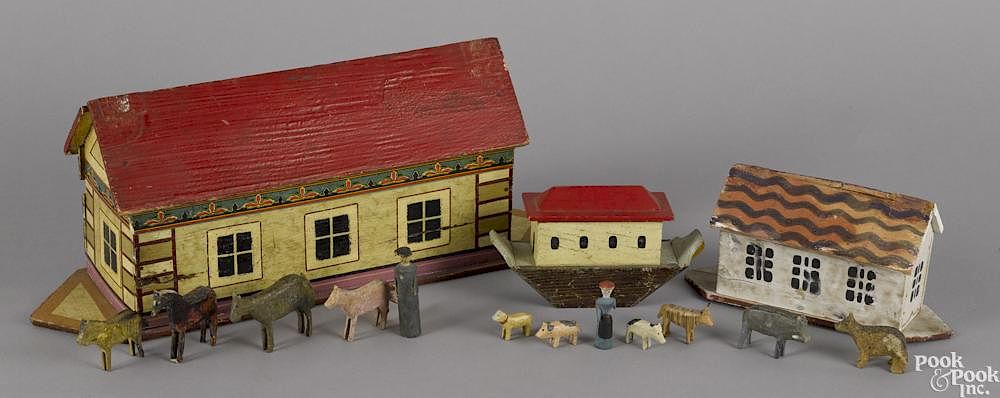 Appraisal: Three painted wood German Noah's Ark play toys each with