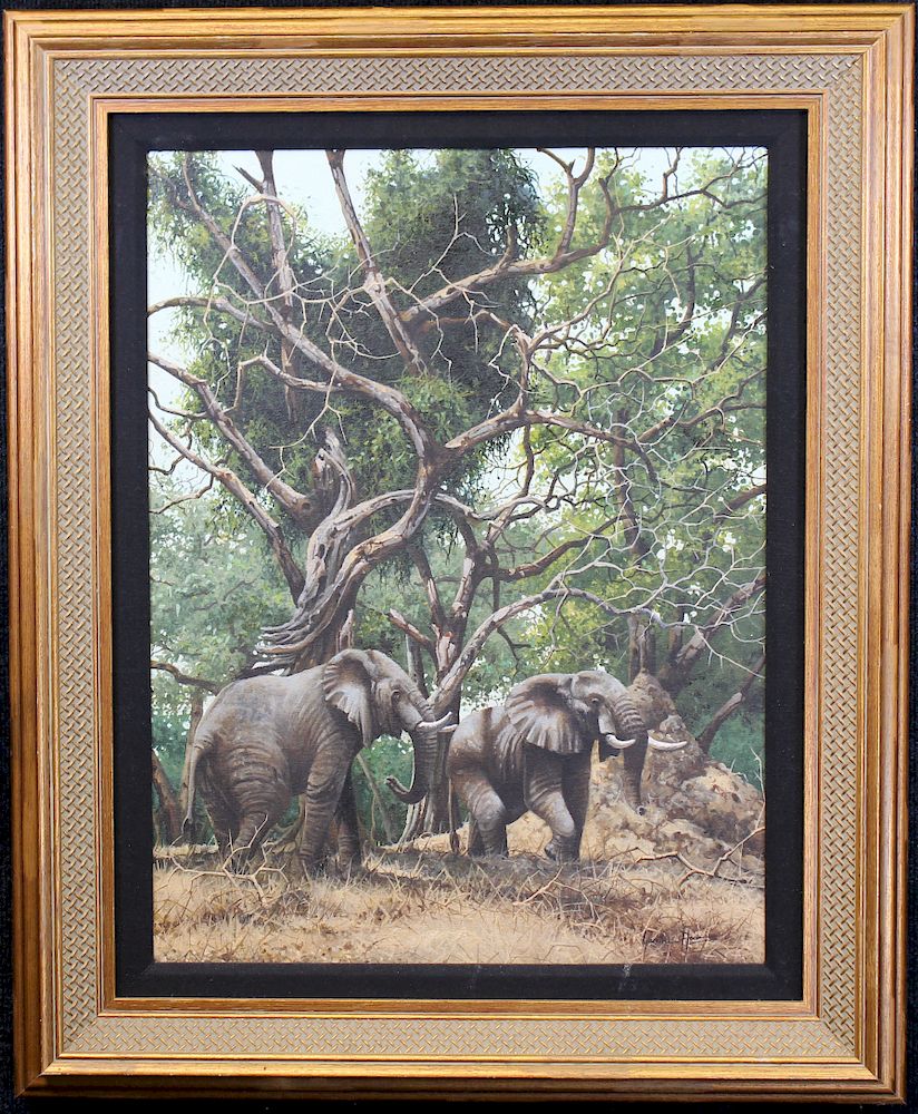 Appraisal: Garreth Hook Painting of Elephants Under Trees Garreth Hook Painting