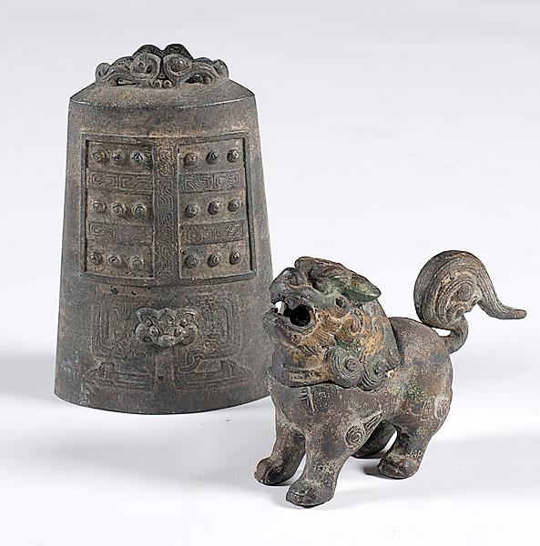 Appraisal: TWO CHINESE BRONZES includes a Tang-style gong or bell signed