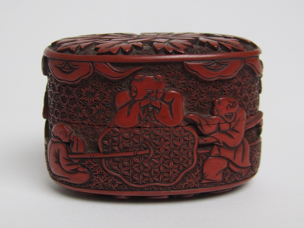 Appraisal: A Chinese finely carved cinnabar lacquer inro the oval shaped