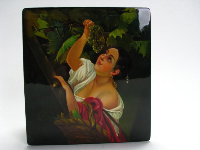 Appraisal: Black Lacquer Russian Box artist signed depicting woman picking grapes