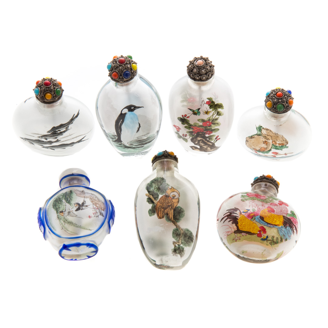 Appraisal: Seven Chinese reverse painted glass snuff bottles ovoid forms subjects