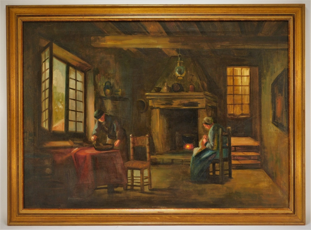 Appraisal: C CONTINENTAL INTERIOR HEARTH GENRE PAINTING Europe th CenturyIlluminated interior