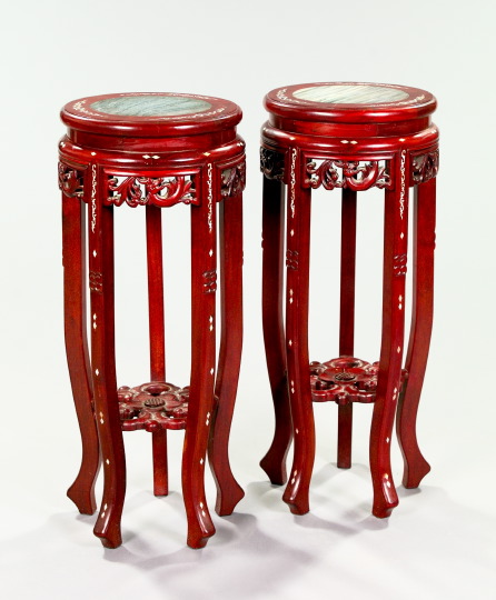 Appraisal: Pair of Oriental Mother-of-Pearl-Inlaid Teakwood and Marble-Top Pedestals each with