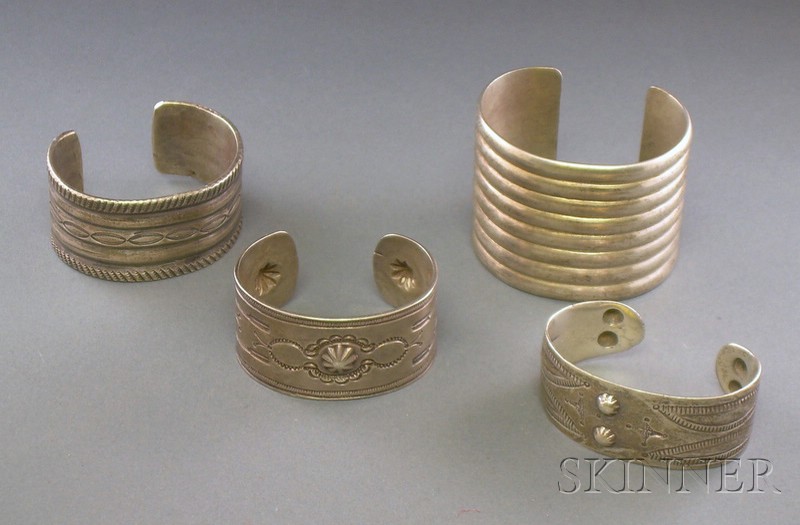 Appraisal: Four Southwest Silver Cuff Bracelets Navajo two ribbed style two