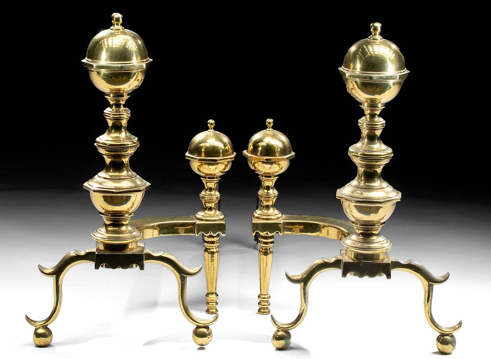 Appraisal: Pair of th C American Polished Brass Andirons North America