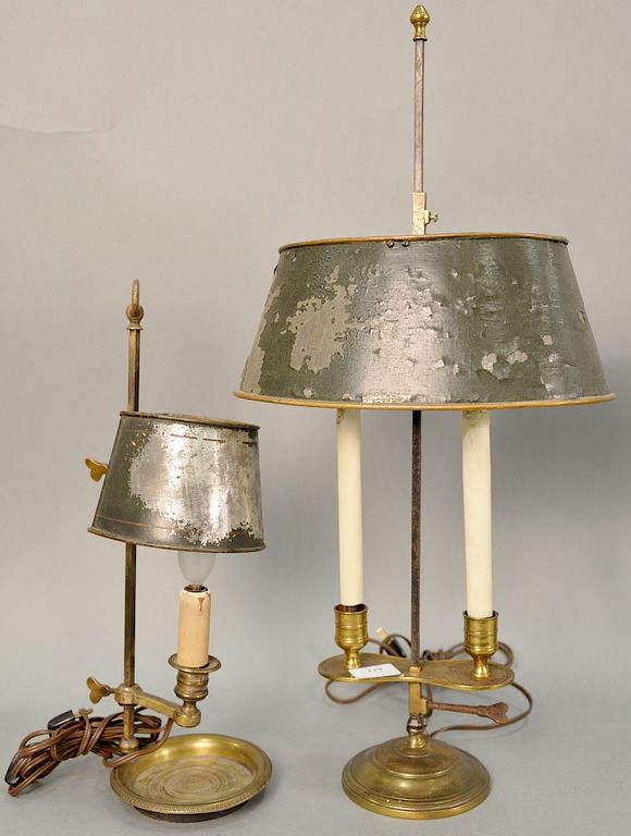 Appraisal: Two brass bouillotte lamps including double candlestick with tole shade