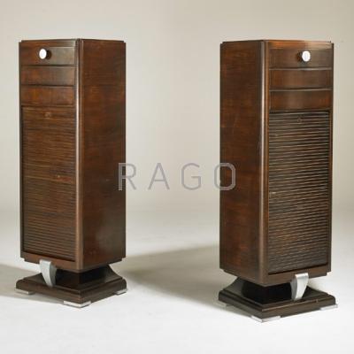 Appraisal: FRENCH ART DECO Pair of cabinets s Ribbon mahogany nickeled