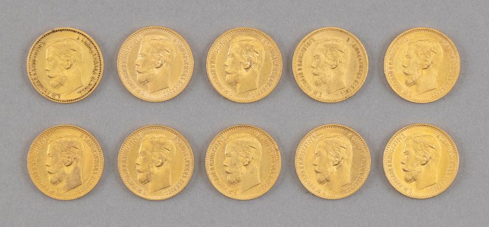 Appraisal: TEN RUSSIAN NICHOLAS II ROUBLE GOLD COINS APPROX DWT TEN