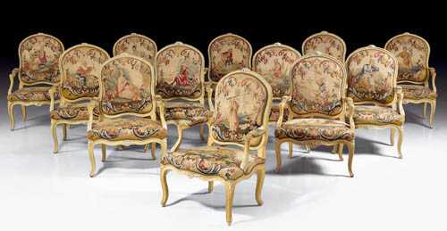 Appraisal: LARGE PAINTED TAPESTRY COVERED SUITE A LA REINE Louis XV