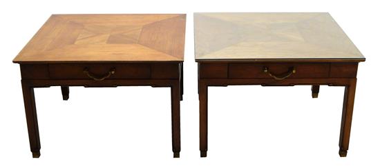 Appraisal: Pair th C Chinese style single-drawer end tables inlaid parquetry