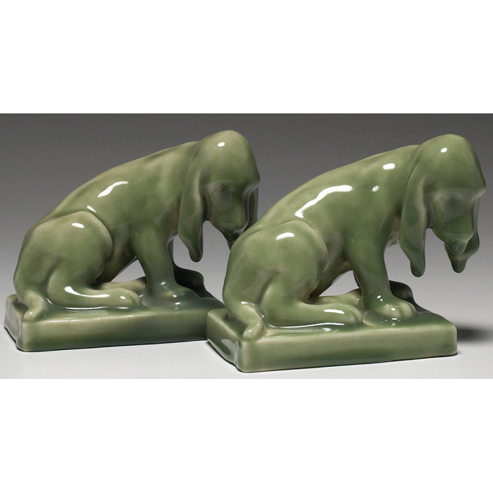 Appraisal: Rookwood bookends pair seated dog covered in a Celedon Hi-glaze