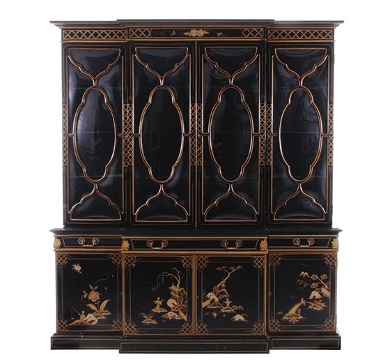 Appraisal: Karges chinoiserie-decorated breakfront bookcase stepped-back side cabinets with adjustable shelves