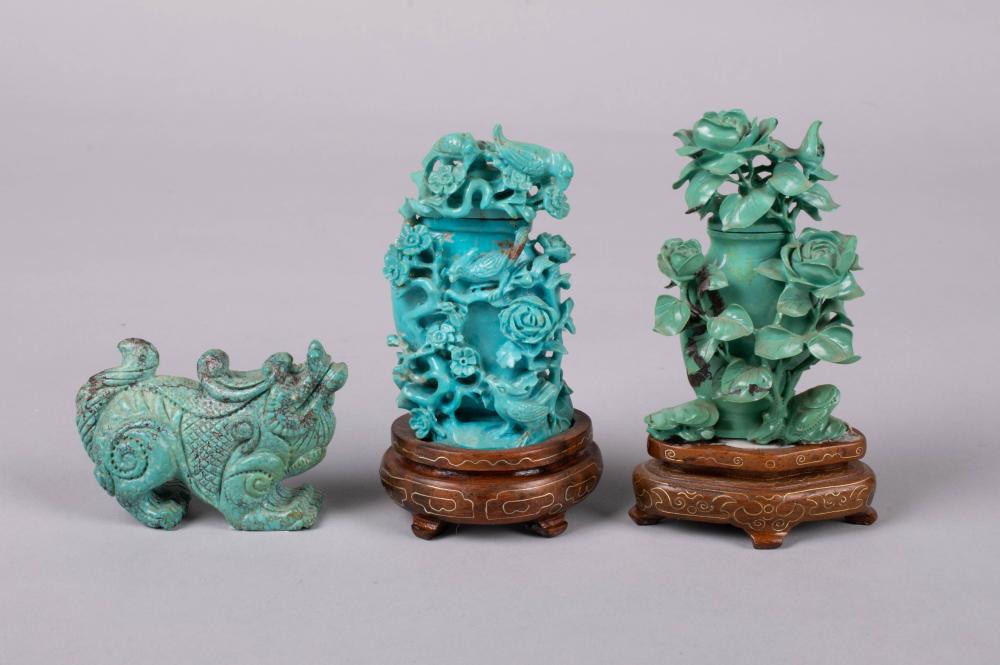 Appraisal: THREE CHINESE TURQUOISE CARVINGS including a stylized Buddhistic lion its