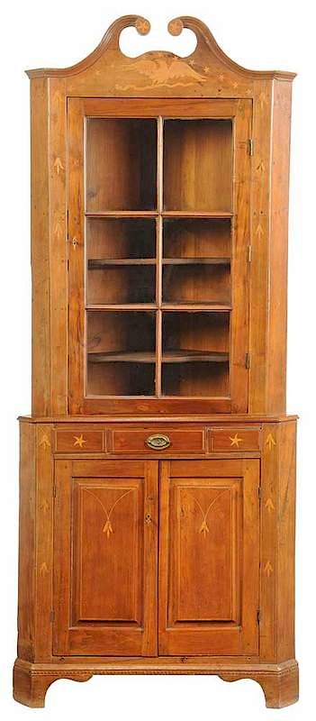 Appraisal: Southern Eagle Inlaid Walnut Corner Cupboard probably Piedmont North Carolina