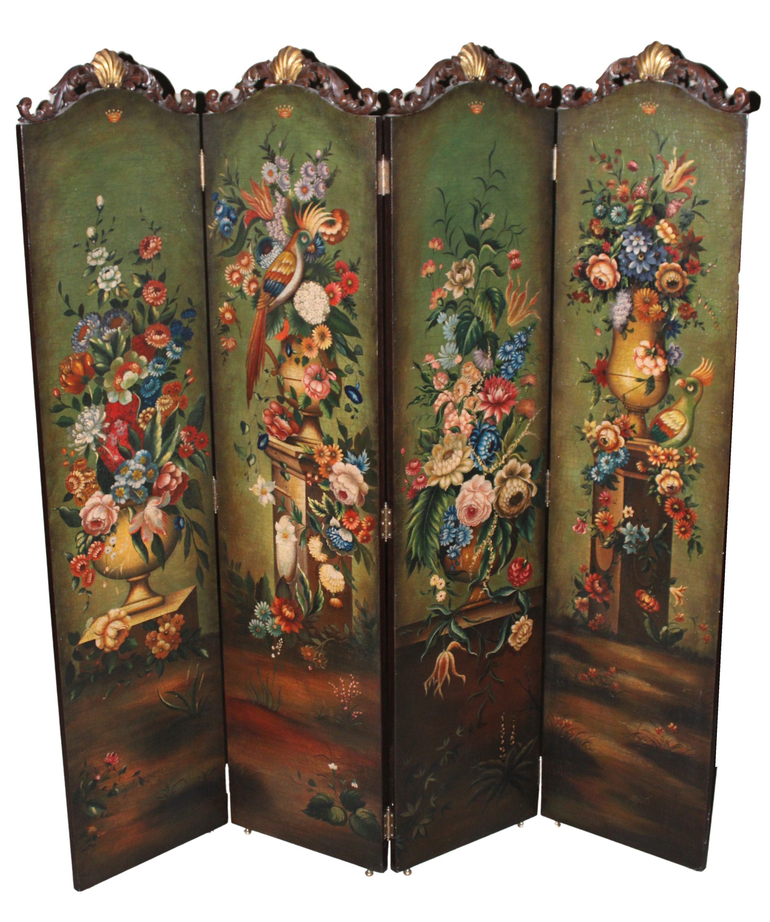 Appraisal: Hand painted walnut and parcel gilt four panel floor screen