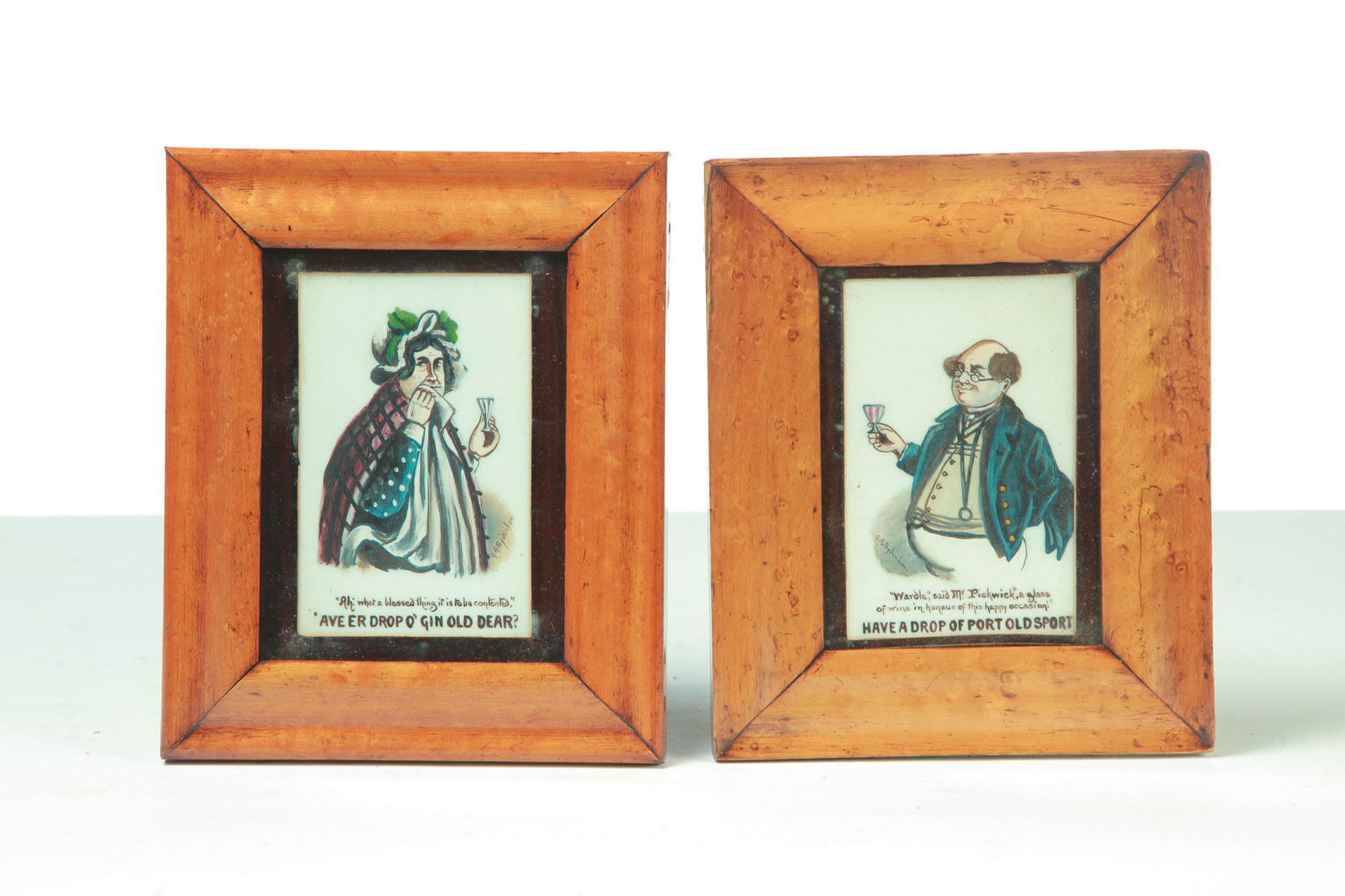 Appraisal: TWO PAINTINGS ON MILK GLASS OF DICKENS CHARACTERS BY G