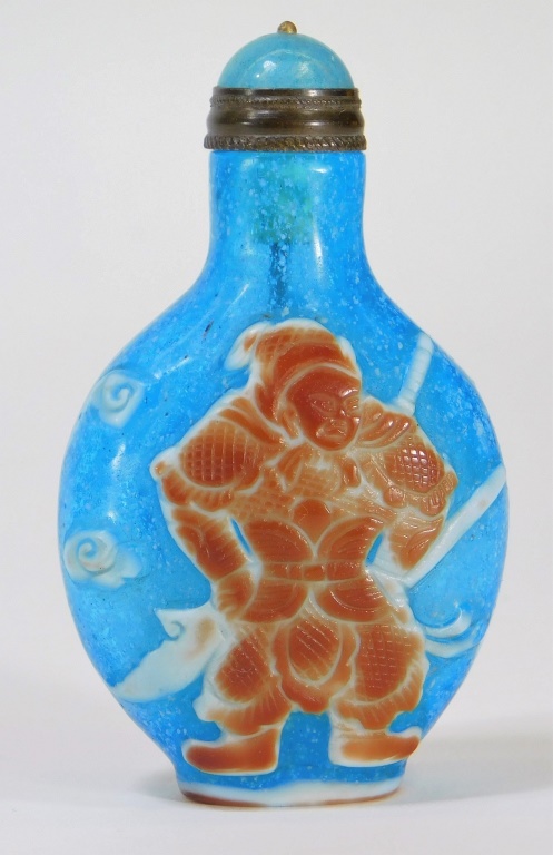 Appraisal: CHINESE BLUE PEKING GLASS WARRIOR SNUFF BOTTLE China Early th