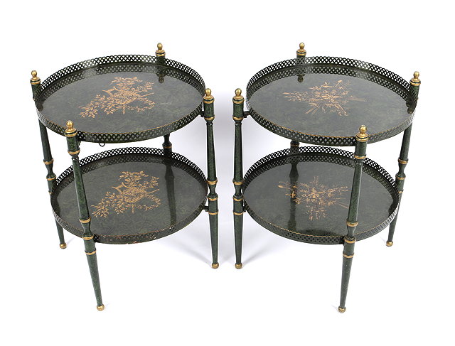 Appraisal: A PAIR OF TWO TIER GREEN TOLEWARE STANDS of circular