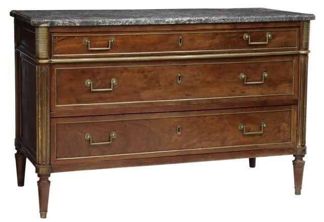 Appraisal: French Louis XVI style marble-top mahogany commode th c three