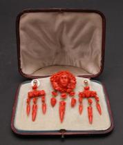 Appraisal: Carved Red Coral Brooch Ear Pendants Intricately carved red coral