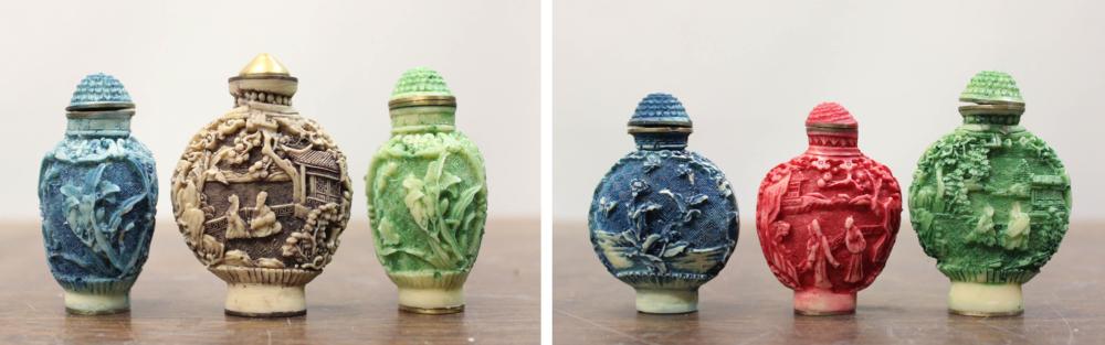 Appraisal: SIX CARVED SNUFF BOTTLES simulated bone or ivory mixed color