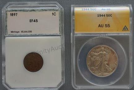 Appraisal: Includes ANACS AU- Walking liberty Half Dollar and a PCI