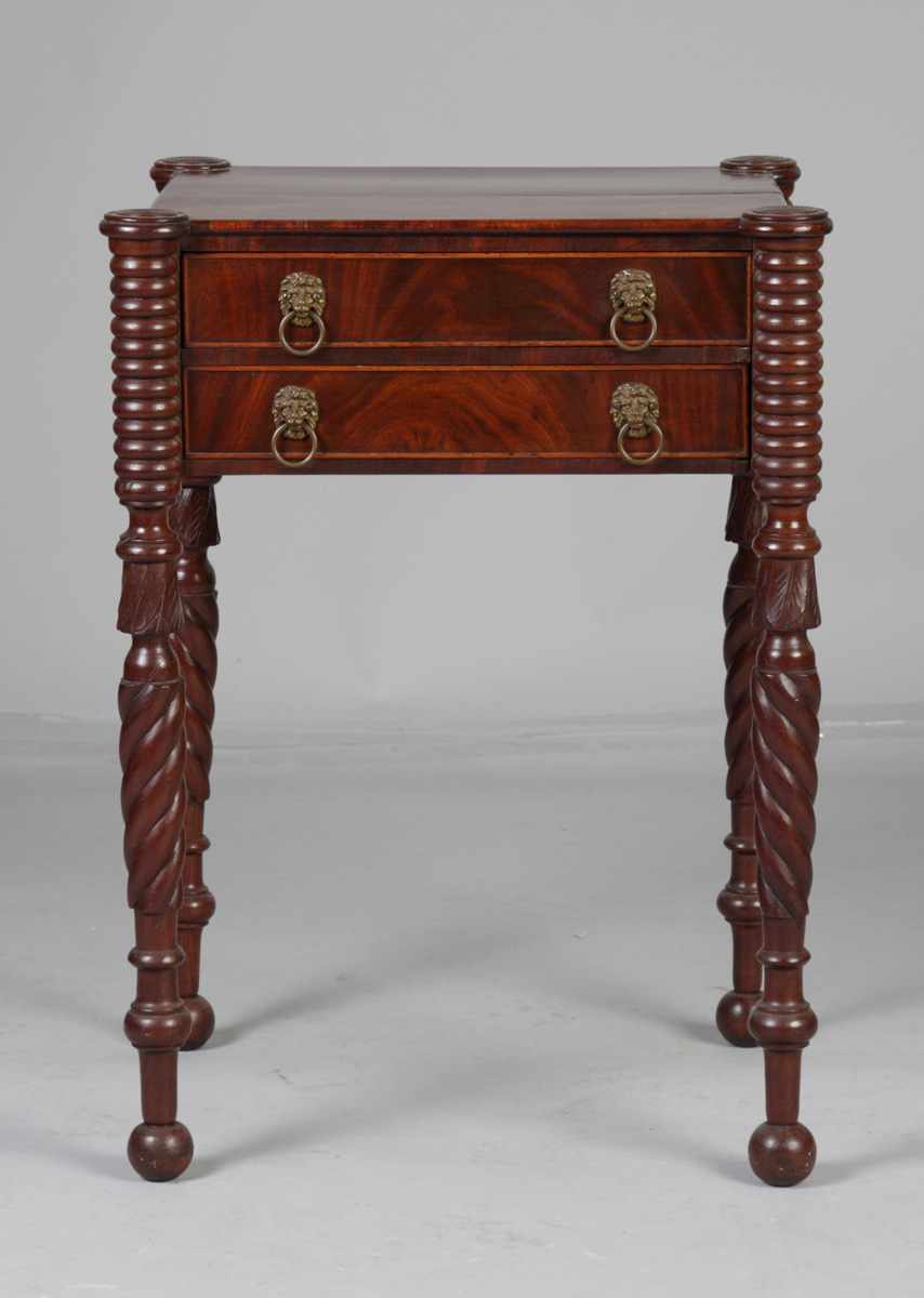 Appraisal: MA Drawer Mahogany Sewing Stand Circa Rope twist legs cookie