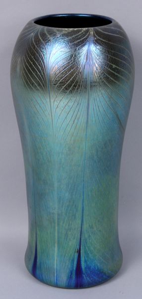 Appraisal: Tiffany blue favrile peacock feather vase signed numbered and labeled