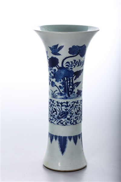 Appraisal: Chinese blue and white porcelain gu-form vase depicting a pond