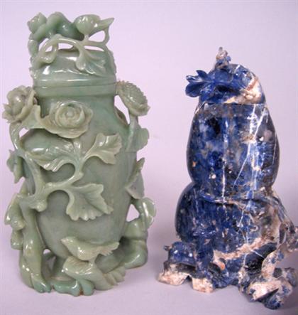 Appraisal: Chinese green jadeite carved covered vase and lapis vase th