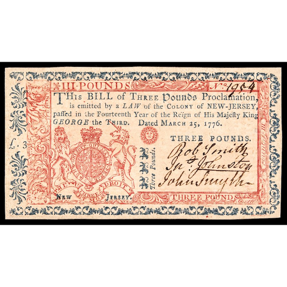 Appraisal: Colonial Currency March NJ Printed in Red Blue Superb Crisp