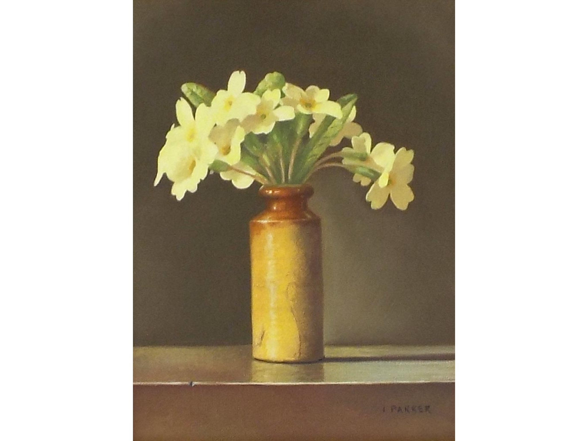 Appraisal: Ian Parker b - Primroses in a brown vase signed