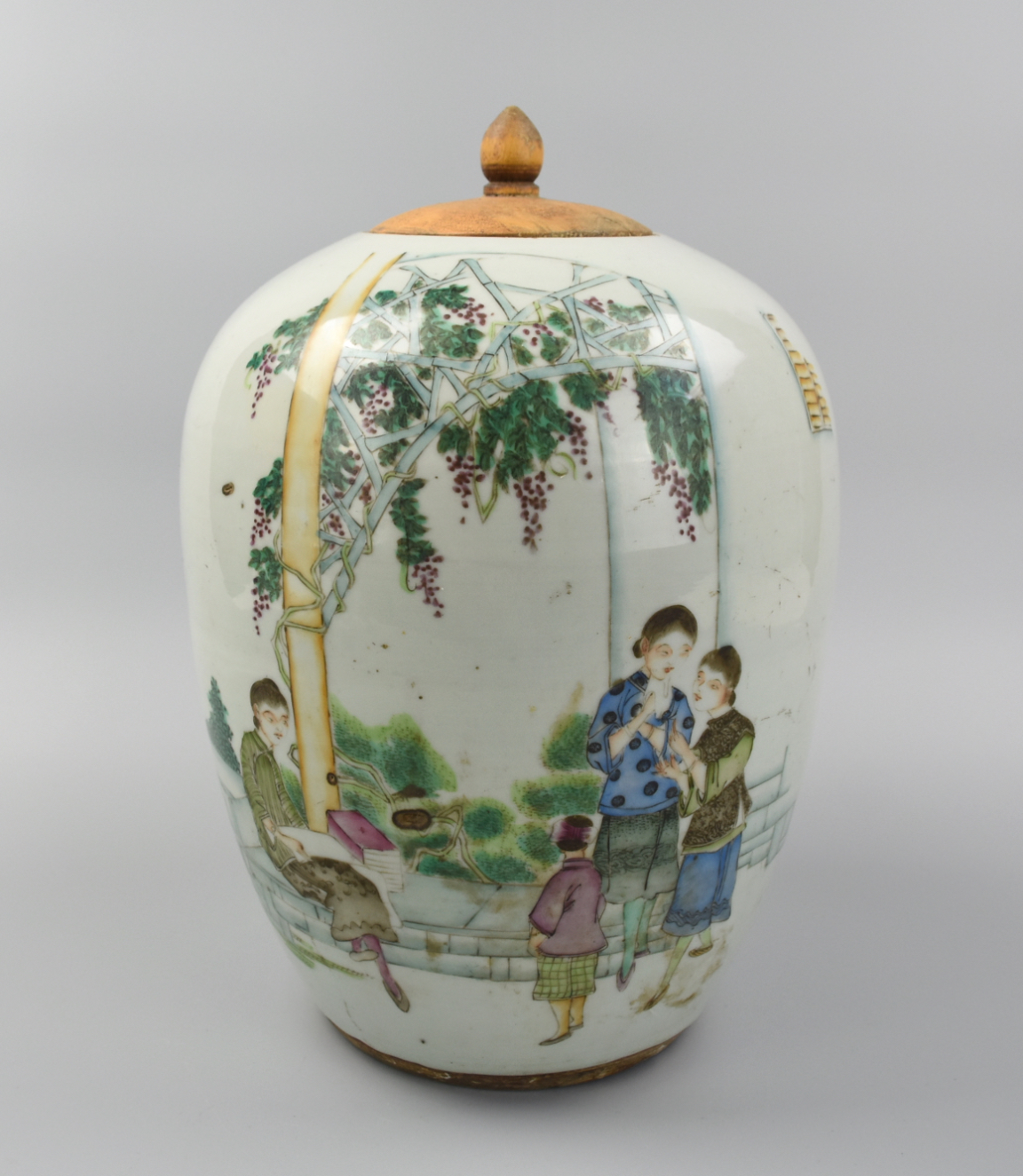 Appraisal: CHINESE FAMILLE ROSE JAR WOOD COVER TH C Chinese late