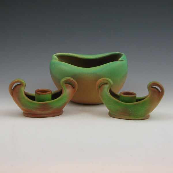 Appraisal: Weller Elberta bowl and candleholders All marked Weller Pottery Mint