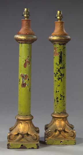 Appraisal: Tall Pair of Carved Parcel-Gilt and Avocado Green-Enameled Wood Colonnettes