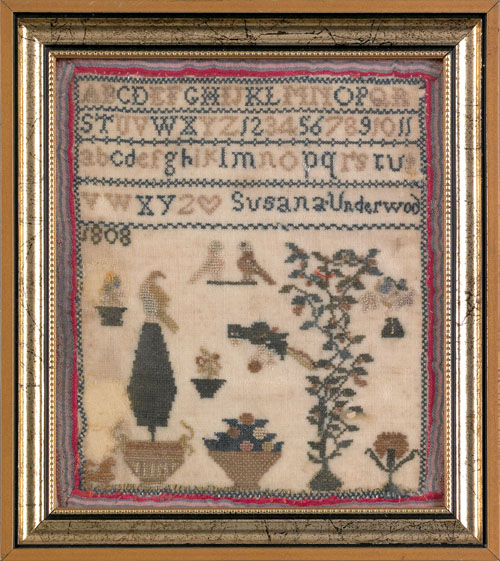 Appraisal: Miniature silk on linen sampler wrought by Susana Underwood in