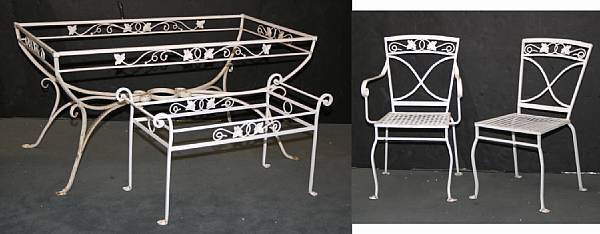 Appraisal: A suite of Neoclassical style painted garden furniture comprising three