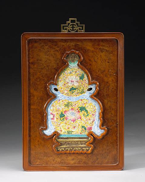 Appraisal: A wood-framed porcelain double gourd plaque Qianlong Mark Republic Period